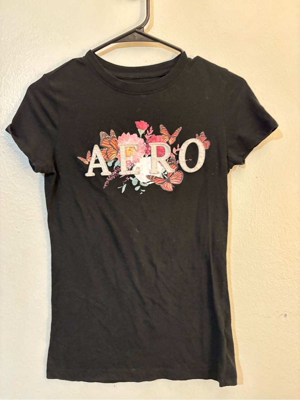 Aeropostale Black Tee with Pink Floral & Butterfly Accents